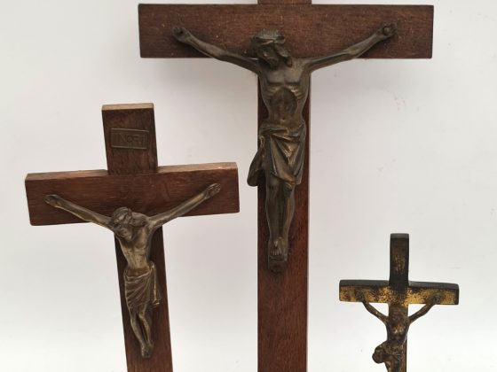 Antique & Vintage Crucifix 1 Wall Mounted 2 on Stands Wood & Brass.