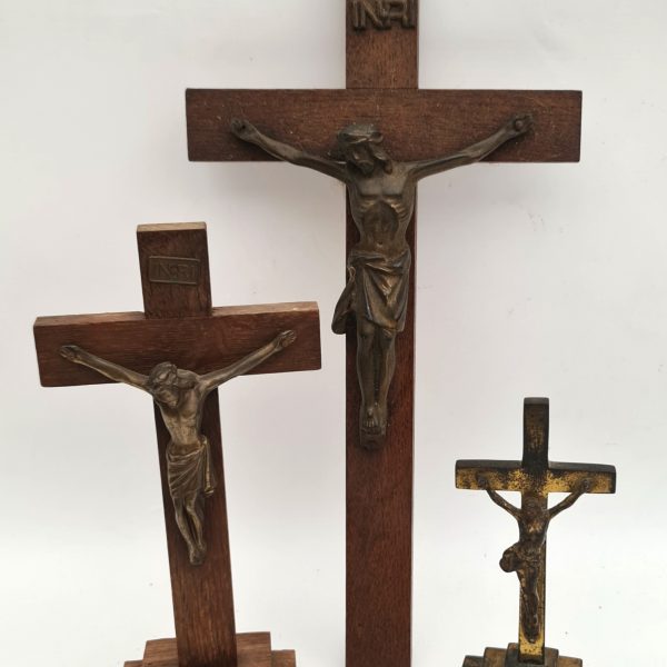 Antique & Vintage Crucifix 1 Wall Mounted 2 on Stands Wood & Brass.