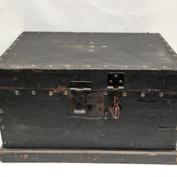 Antique Victorian Small Pine Chest Covered in Black Leather Style Material and Indented With Brass Studs Two Iron Carry Handles on Either Side Measures 10 inches tall
