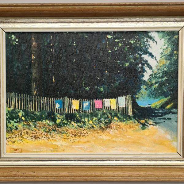 Art Framed Oil on Canvas Rural Scene Signed Lower Left Ray Lambeth and on Reverse Dated 1986 Measures 17 inches by 13 inches.