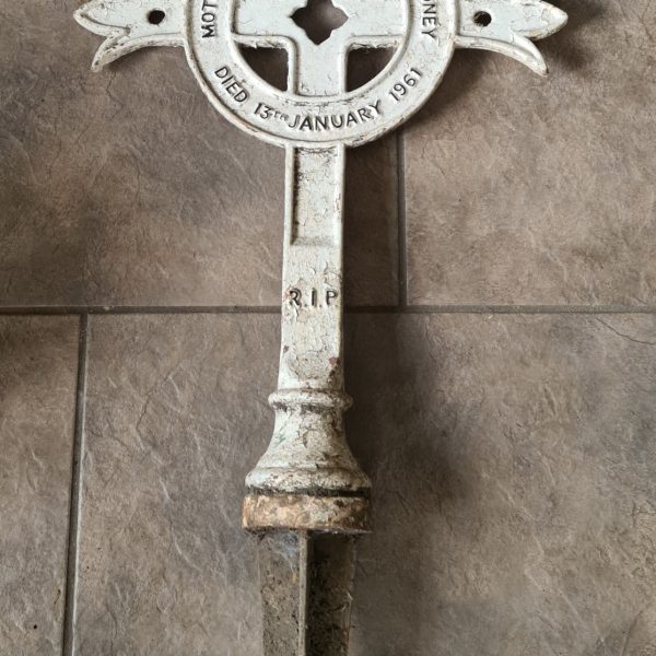 Cast Iron Memorial Cross Painted White Dated 13th January 1961 Dedicated to Mother Mary of St Peter Cloney R I P