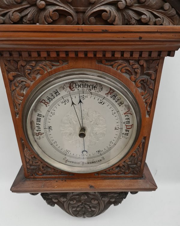 Victorian Large Mahogany Cased Aneroid Barometer. Carved Panels and Pediment.