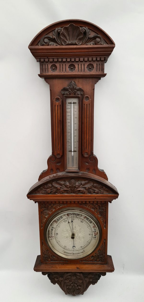 Victorian Large Mahogany Cased Aneroid Barometer. Carved Panels and Pediment.