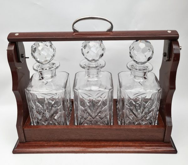 20th Century Wooden Tantalus With 3 Heavy Cut Glass Decanters