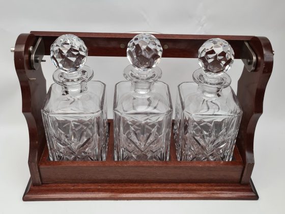 20th Century Wooden Tantalus With 3 Heavy Cut Glass Decanters