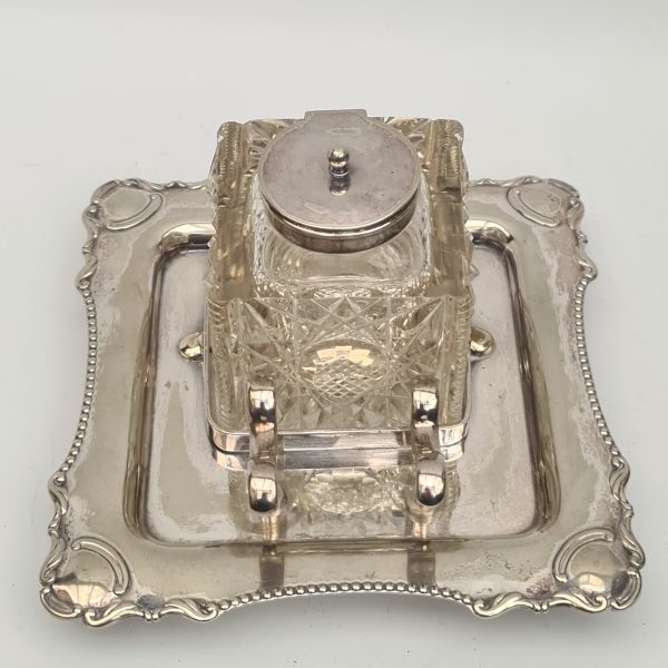 Antique Early 20th Century Cut Glass Table Ink Well on Silver Plated Pen Stand. Pinder Brothers of Sheffield