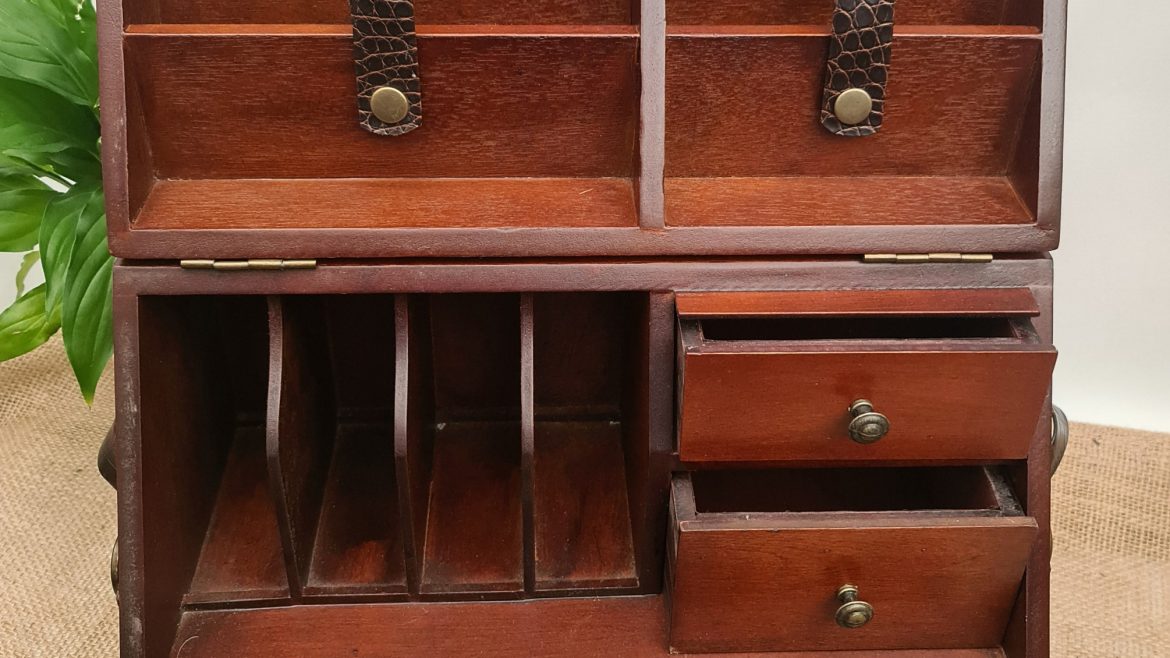 Antiques Victorian Travelling Stationery Box. Opens up to reveal drawers pigeon holes and stationery holders