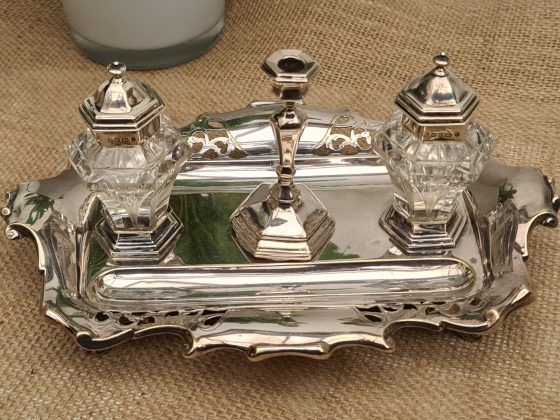 Antique Victorian Silver Topped Cut Glass Inkwells on Silver Plated Desk Set Tray With Central Candlestick.