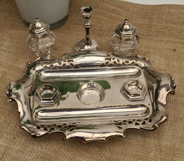 Antique Victorian Silver Topped Cut Glass Inkwells on Silver Plated Desk Set Tray With Central Candlestick.