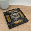 Antique Cut Glass Inkwell on Black Painted Wooden Stand With Painted Pen Holder Panels.