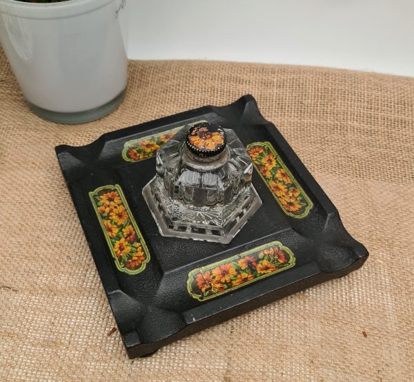 Antique Cut Glass Inkwell on Black Painted Wooden Stand With Painted Pen Holder Panels.