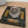 Antique Cut Glass Inkwell on Black Painted Wooden Stand With Painted Pen Holder Panels.