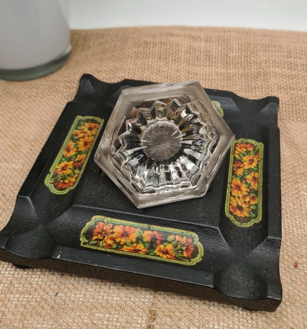 Antique Cut Glass Inkwell on Black Painted Wooden Stand With Painted Pen Holder Panels.