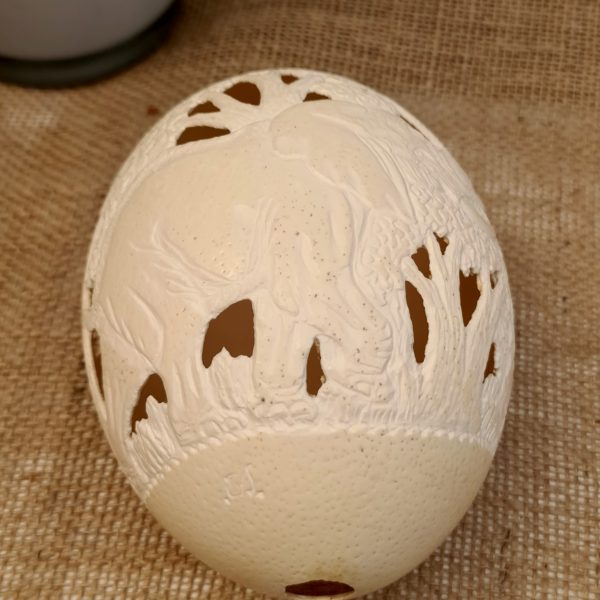 Vintage Hand Carved and Signed Ostrich Egg. Carved with elephants and leaves