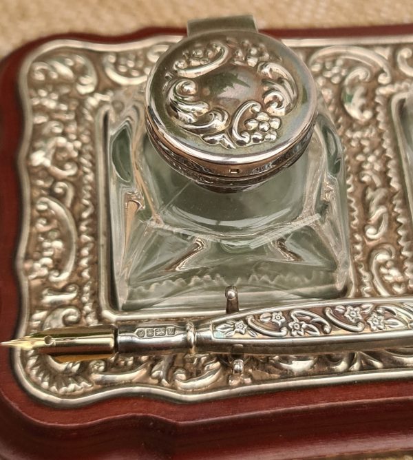 Sterling Silver Topped Cut Glass Inkwells on Sterling Silver Desk Set All Mounted on Dark Wood. With Matching Sterling Silver Dip Pen