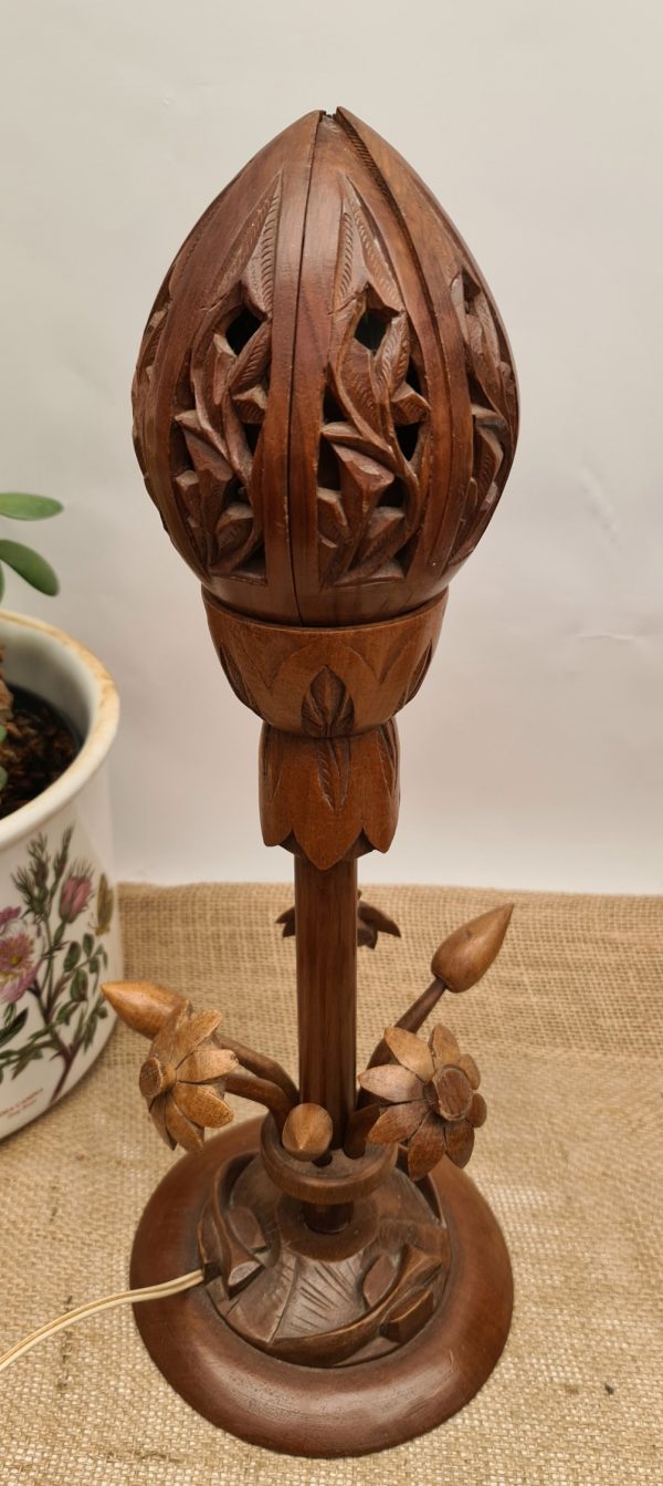 Vintage Teak Lotus Flower Table Lamp. With Stylised Fish Carvings on The Base