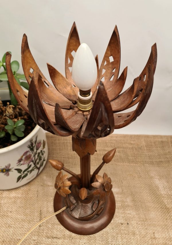 Vintage Teak Lotus Flower Table Lamp. With Stylised Fish Carvings on The Base