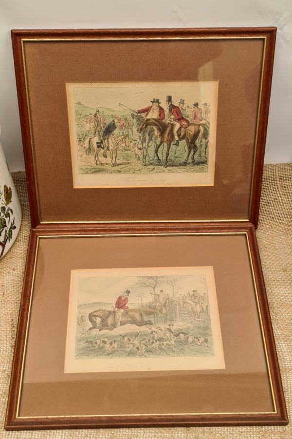 Antique Two John Leech Victorian Satirical Hunting Prints c1840's.