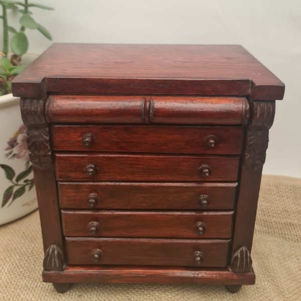 Victorian Wooden Jewellery or Trinket Box Modelled as a Set of Chest of Drawers. Measures 22cm tall by 20cm wide by 13cm deep