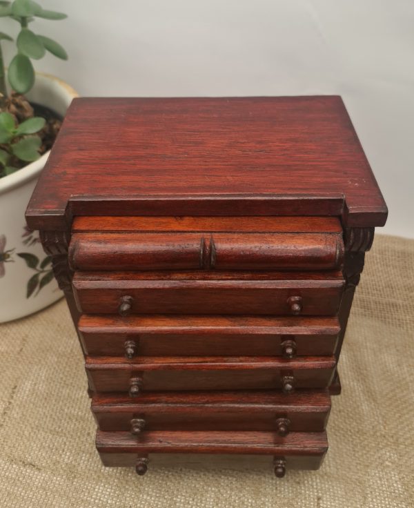 Victorian Wooden Jewellery or Trinket Box Modelled as a Set of Chest of Drawers. Measures 22cm tall by 20cm wide by 13cm deep