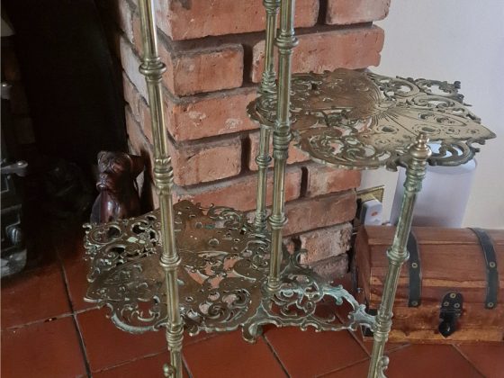 Vintage Three Tier Brass Butterfly Conservatory Plant Stand. Each leaf of the stand has pierced butterfly designs