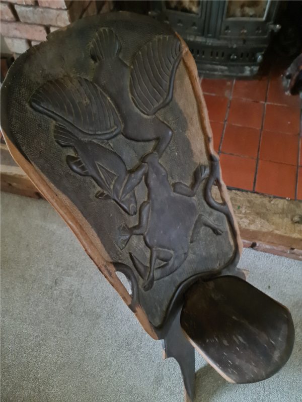 Antique West African Hand Carved Wooden Birthing Chair. Stylised Circle of Life Carvings Depicting a Crocodile Heron and Fish