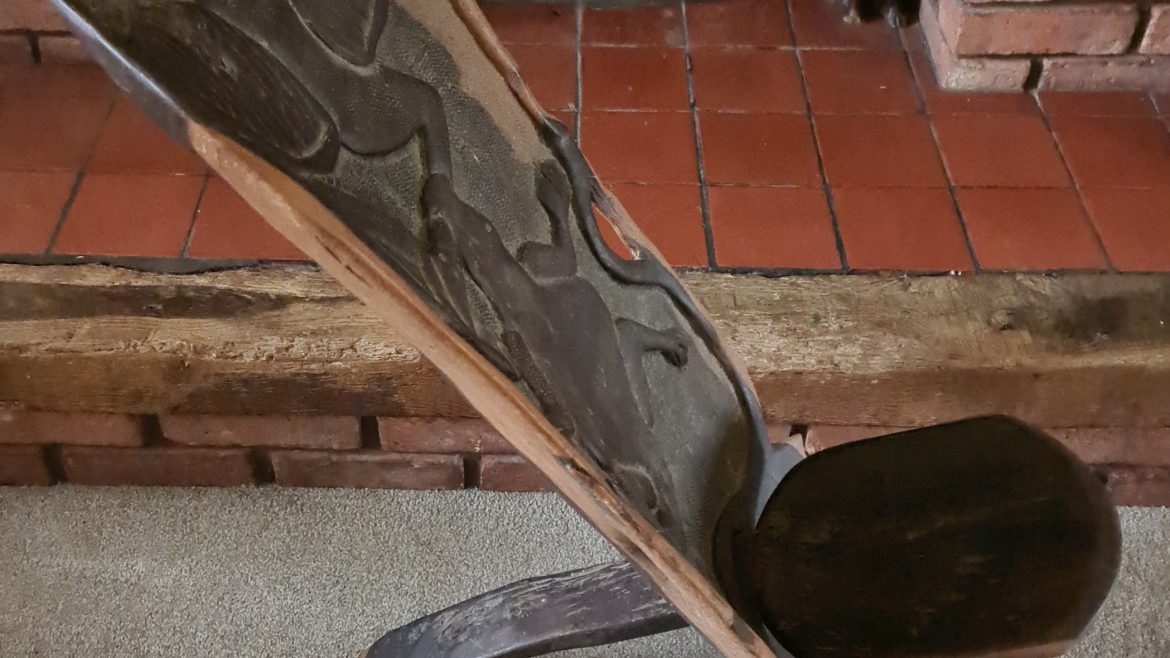 Antique West African Hand Carved Wooden Birthing Chair. Stylised Circle of Life Carvings Depicting a Crocodile Heron and Fish