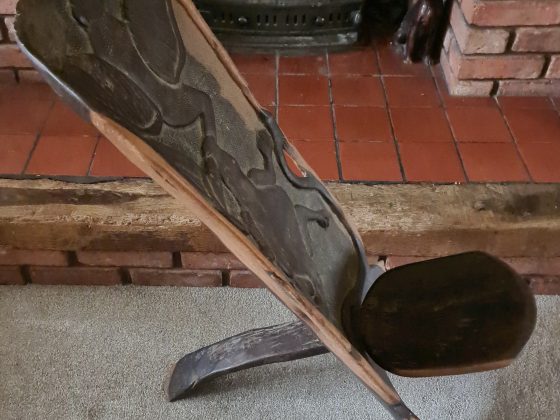 Antique West African Hand Carved Wooden Birthing Chair. Stylised Circle of Life Carvings Depicting a Crocodile Heron and Fish