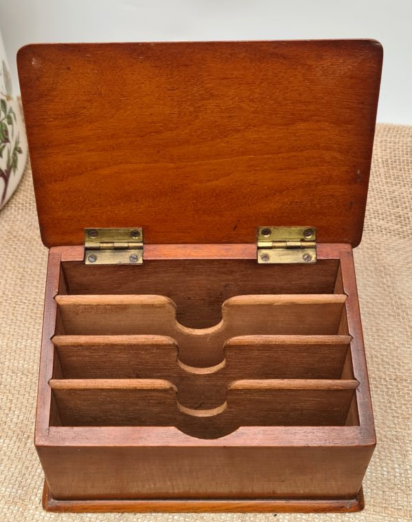 Edwardian Wooden Stationery Box With Internal Dividers. Measures 18cm wide by 10cm tall and 11cm deep
