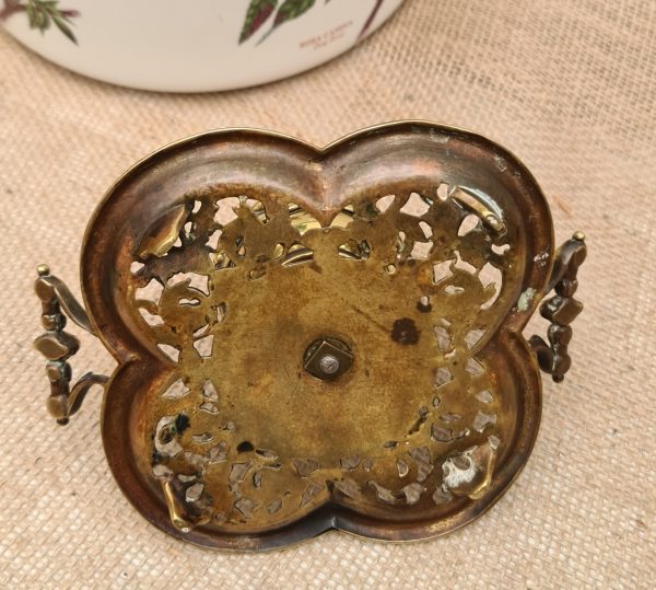 Antiques Brass Desk Top Inkwell With Pierced Vine Tray Base, Embossed Swags on The Inkwell and Ornate Finial on The Lid