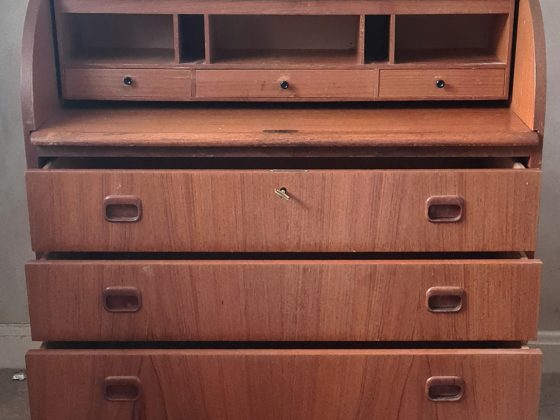 Vintage Mid 20th Century Swedish Roll Top Bureau Desk. With extending work surface manufactured by Swedish manufacturer Ostergaad