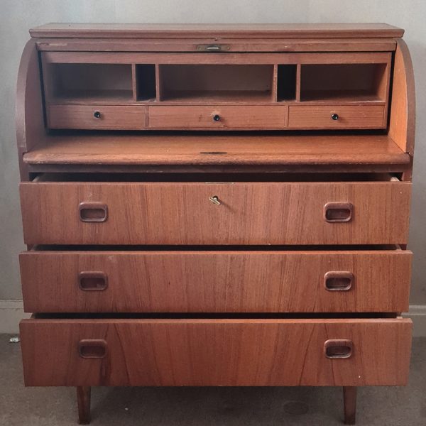 Vintage Mid 20th Century Swedish Roll Top Bureau Desk. With extending work surface manufactured by Swedish manufacturer Ostergaad